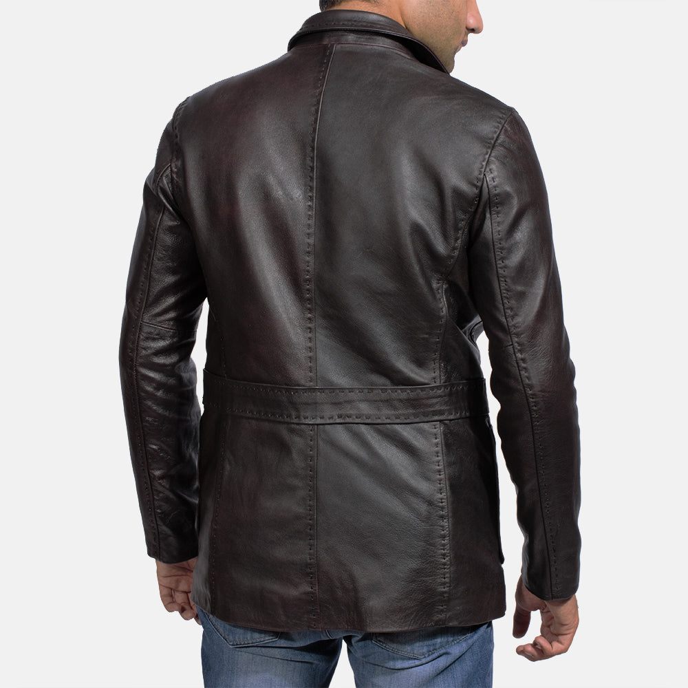 Men's Wine ブラック レザーテーラードブレザー メンズ - Lateral Side Profile View Showing Sleeve Cut &amp; Athletic Taper Fit