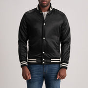 Xander ブラック Varsity レザージャケット メンズ in Black Satin - Front Profile View &amp; Tailored Silhouette | Buy Online