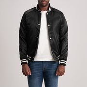 Xander ブラック Varsity レザージャケット メンズ - Lateral Side Profile View Showing Sleeve Cut &amp; Athletic Taper Fit