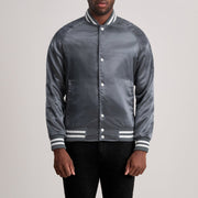 Xander Grey Varsity レザージャケット メンズ in Grey Satin - Front Profile View &amp; Tailored Silhouette | Buy Online