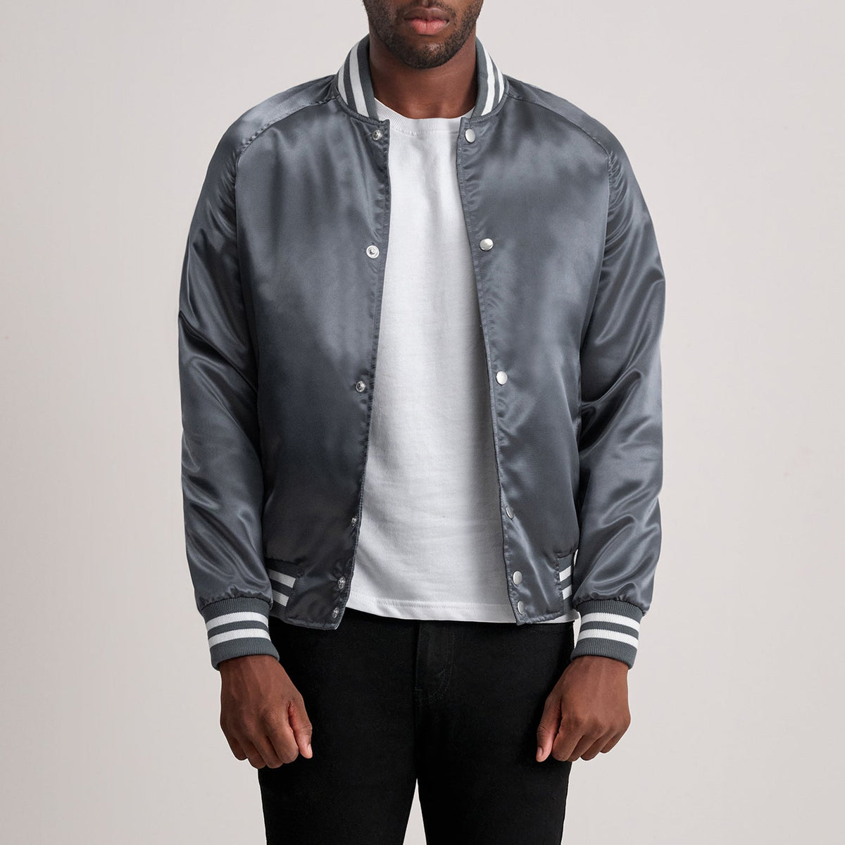 Xander Grey Varsity レザージャケット メンズ - Lateral Side Profile View Showing Sleeve Cut &amp; Athletic Taper Fit
