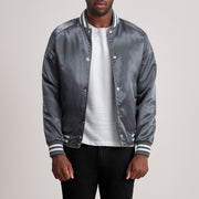 Xander Grey Varsity レザージャケット メンズ - Lateral Side Profile View Showing Sleeve Cut &amp; Athletic Taper Fit