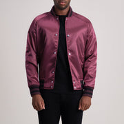 Xander マルーン Varsity レザージャケット メンズ - Lateral Side Profile View Showing Sleeve Cut &amp; Athletic Taper Fit