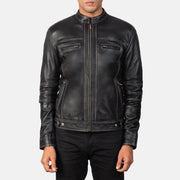 Close-Up Detail of Band &amp; Zipper Hardware on Youngster Distressed Black Leather Jacket