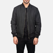 Men's Zack ブラック レザーボンバージャケット メンズ in Black Polyester - Front Profile View &amp; Tailored Silhouette | Buy Online