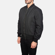 Black Polyester Bomber Jacket - Back View Showing Tailored Shoulder Fit &amp; Clean Hemline