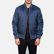 Men's Zack ブルー レザーボンバージャケット メンズ in Blue Nylon - Front Profile View &amp; Tailored Silhouette | Buy Online