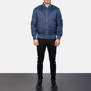 Men's Zack ブルー レザーボンバージャケット メンズ - Lateral Side Profile View Showing Sleeve Cut &amp; Athletic Taper Fit