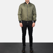 Men's Zack グリーン レザーボンバージャケット メンズ - Lateral Side Profile View Showing Sleeve Cut &amp; Athletic Taper Fit
