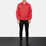 Men's Zack レッド レザーボンバージャケット メンズ - Lateral Side Profile View Showing Sleeve Cut &amp; Athletic Taper Fit