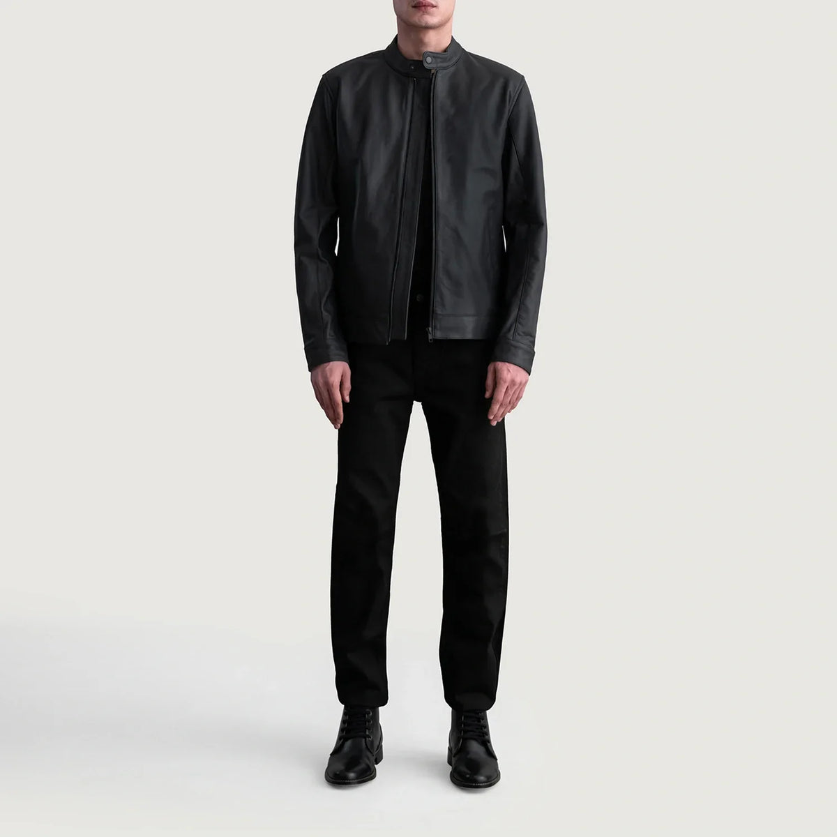 
クローズアップ詳細 of Snap Button & Zipper Hardware on Zen Matte ブラック レザーライダースジャケット メンズ