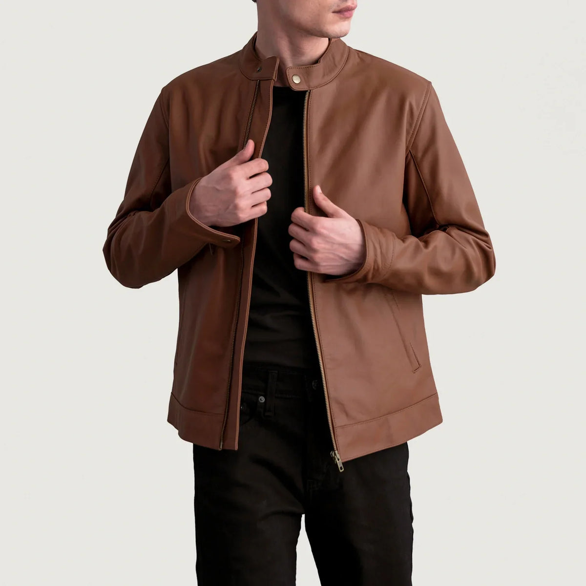 Zen Matte ブラウン レザーライダースジャケット メンズ in Matte Brown Cowhide Leather - Front Profile View &amp; Tailored Silhouette | Buy Online
