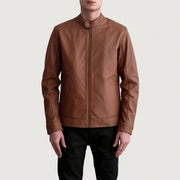 Zen Matte ブラウン レザーライダースジャケット メンズ - Lateral Side Profile View Showing Sleeve Cut &amp; Athletic Taper Fit