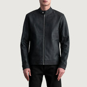 Zen Tumbled ブラック レザーライダースジャケット メンズ in Tumbled Black Sheepskin Leather - Front Profile View &amp; Tailored Silhouette | Buy Online
