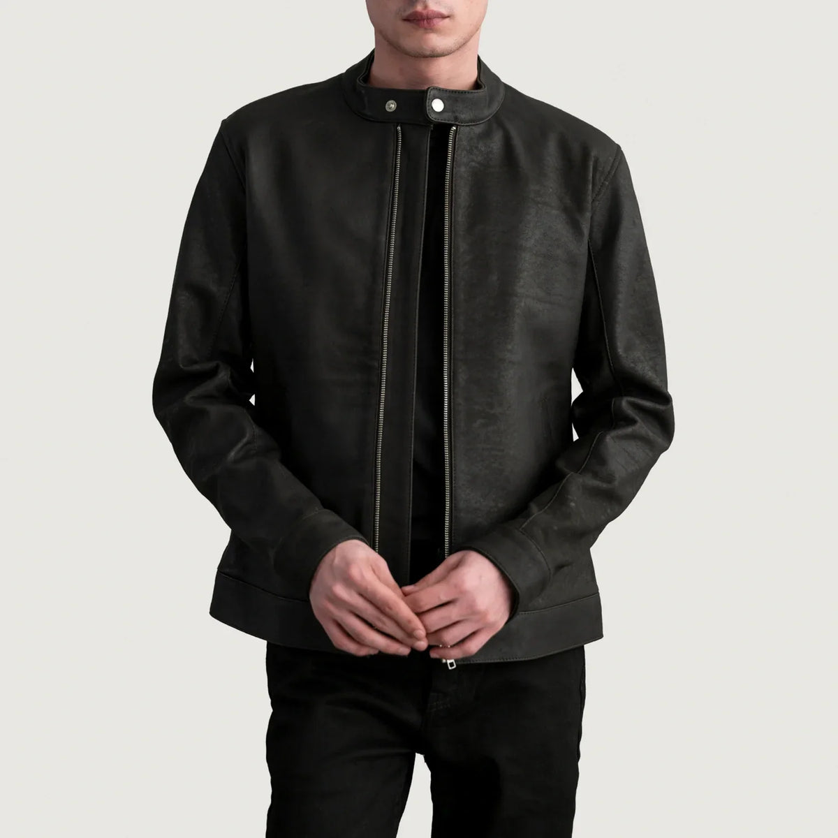 Zen Tumbled ブラウン レザーライダースジャケット メンズ in Tumbled Brown Sheepskin Leather - Front Profile View &amp; Tailored Silhouette | Buy Online