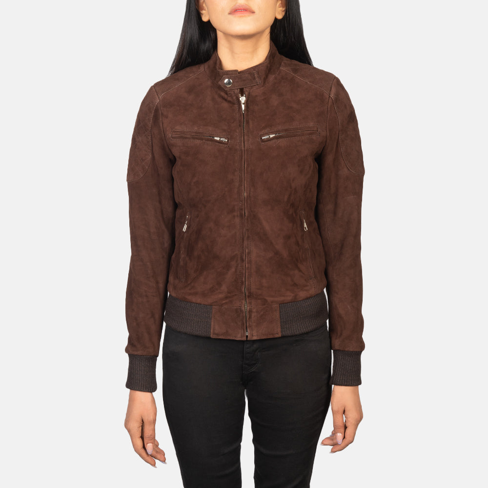 
クローズアップ詳細 of Band with Snap Button & Zipper Hardware on Zenna Mocha Suede Bomber Jacket